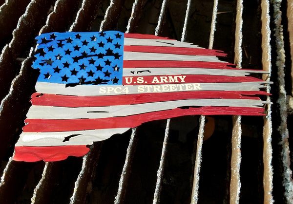 American Tattered Flag with Name and Service