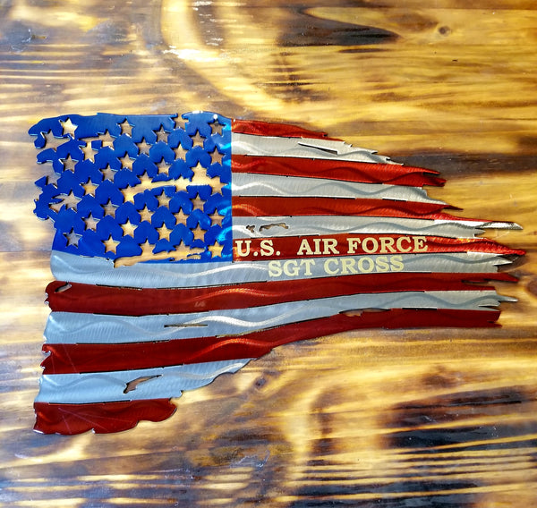 American Tattered Flag with Name and Service